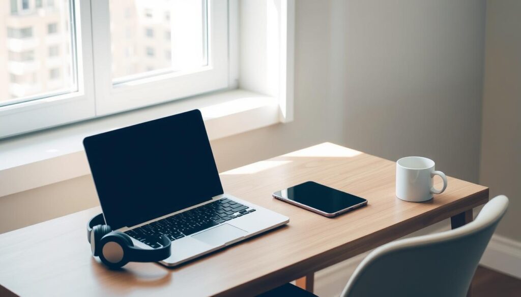 A comfortable home office with a laptop, smartphone, and tablet on a clean wooden desk. Natural light from a window illuminates the scene, casting soft shadows. A pair of headphones and a mug of coffee sit nearby, hinting at the focus and concentration required for online survey work. The minimalist, organized workspace conveys a sense of productivity and opportunity to earn money from the comfort of one's own home.